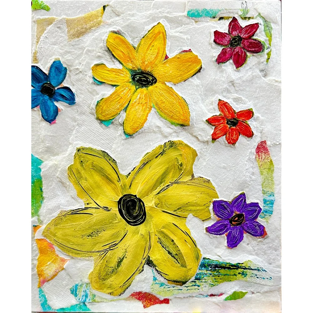 Whimsical Torn Paper Floral Collage - Handmade Mixed Media Flower